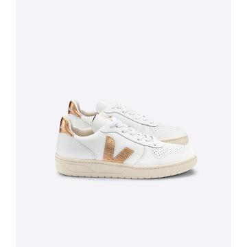 Veja V-10 LEATHER Sneakers Dames White/Gold | BE 641CTV